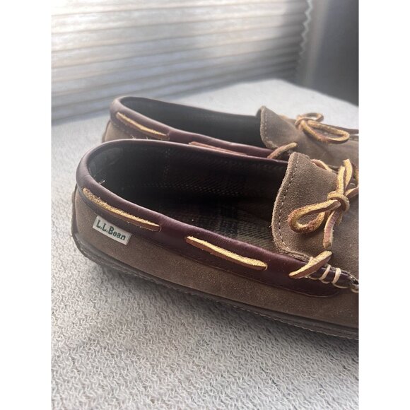 L.L Bean Mens SZ 9 Medium Handsewn Slippers Flannel Lined Tan Slip On Leather - Picture 4 of 12